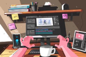 Game Engine Entwickler am Schreibtisch