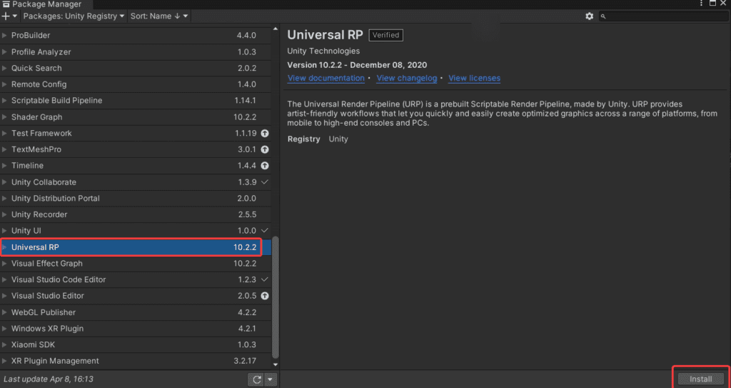 Universal RP im Unity Package Manager