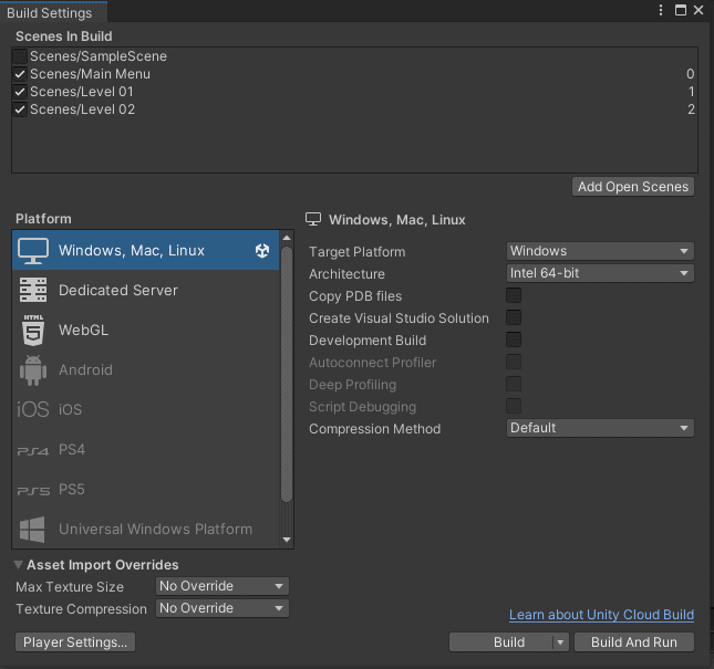Unity 2D Tutorial - Anpassung Build Settings
